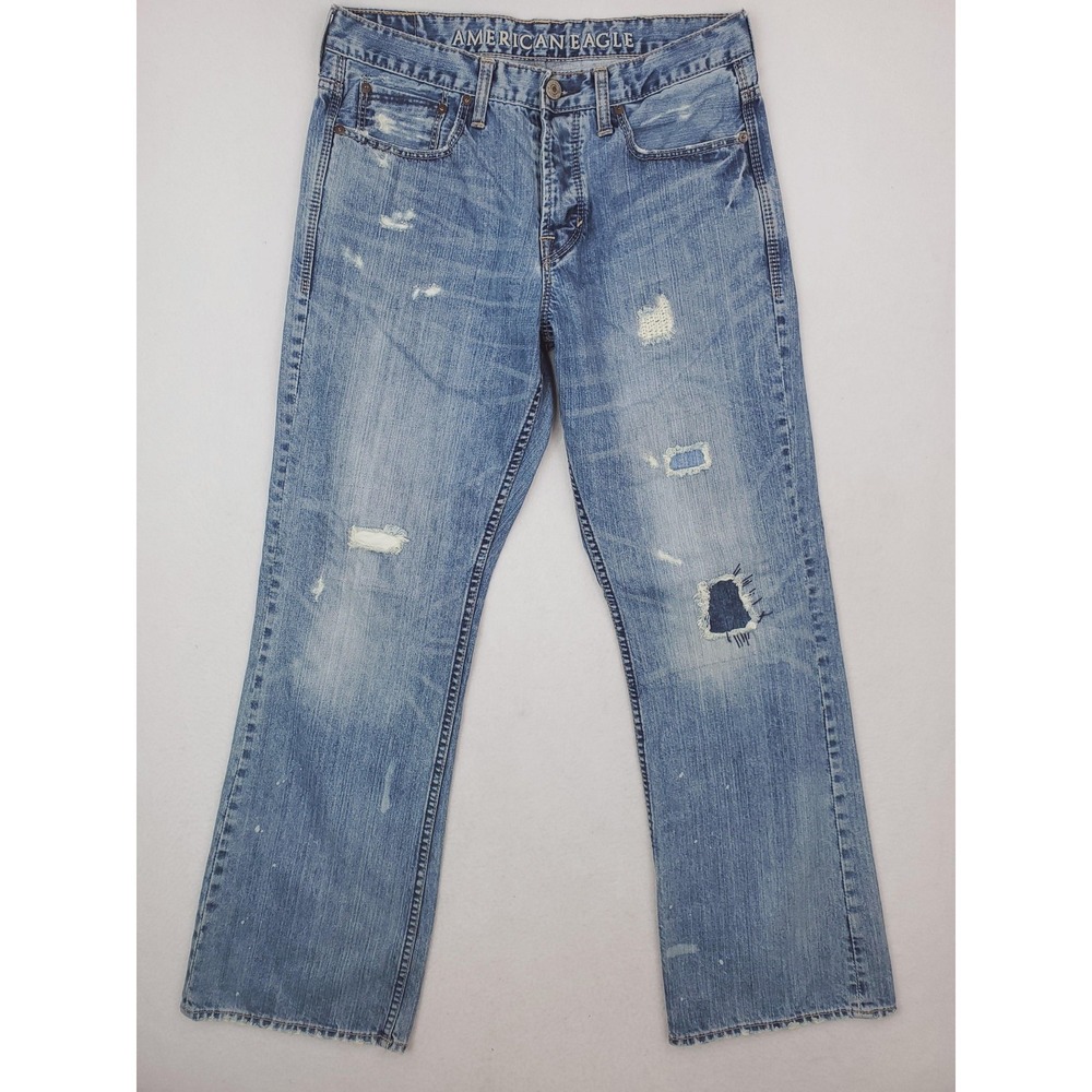 American Eagle Jeans Mens 32x32‎ Blue Bootcut Distressed Button Fly Denim Pants